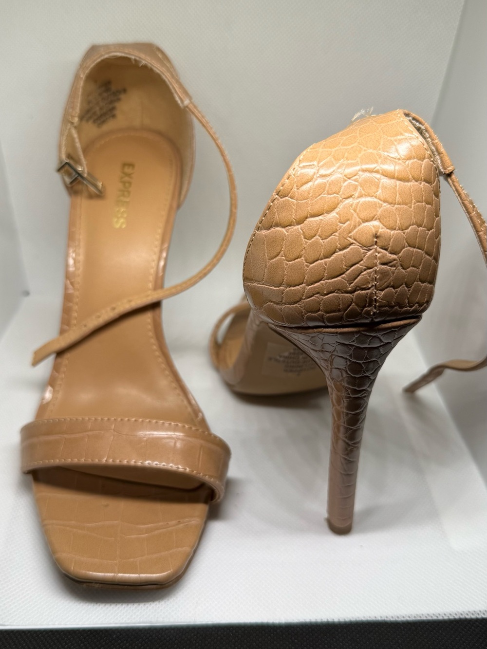Express Tan Croc-Embossed Strappy Stiletto Sandals
